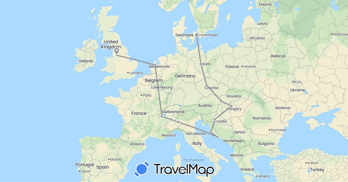 TravelMap itinerary: driving, plane in Switzerland, Czech Republic, Germany, Denmark, United Kingdom, Croatia, Hungary, Italy, Netherlands, Slovakia (Europe)